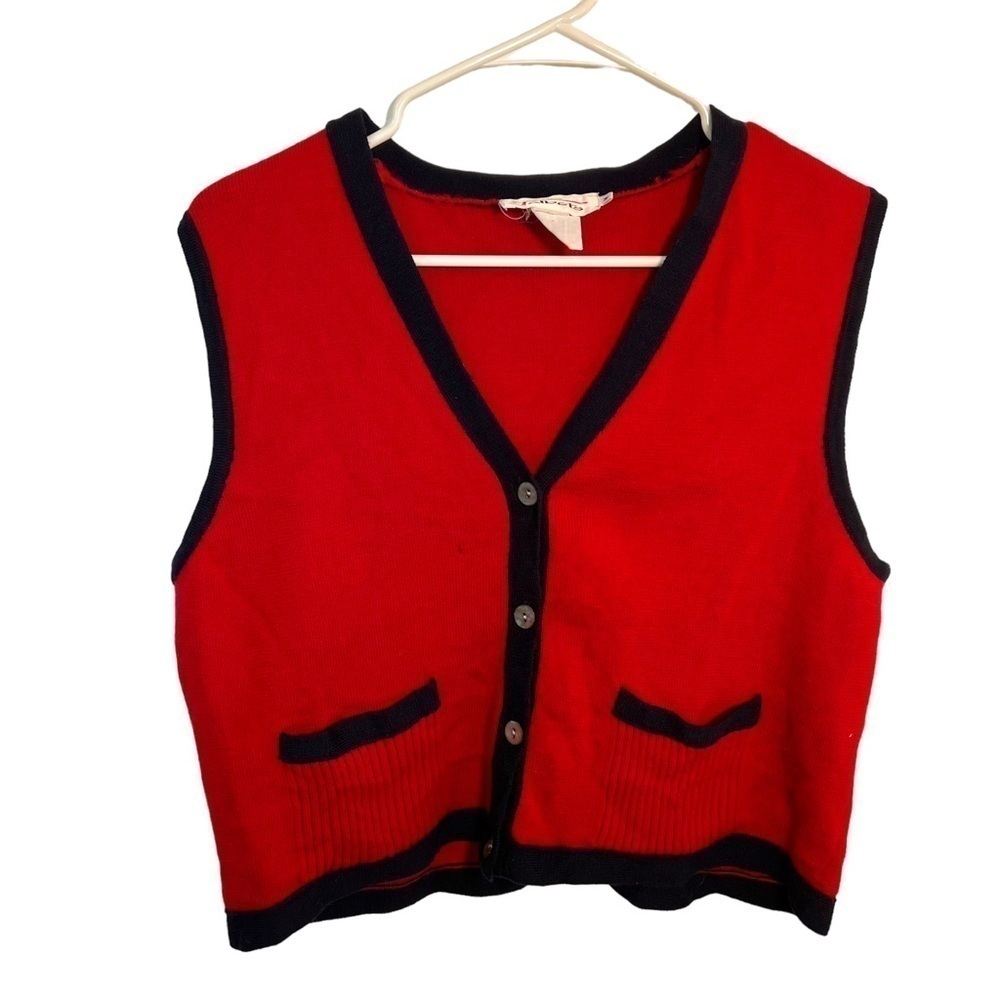 Vintage Talbots Women's Size Medium Sweater Vest Red Navy Blue Pockets 100% Wool